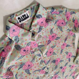 Vintage DARRA Button Up Shirt Medium 9/10 Green Floral Rose Print Sheer Chiffon